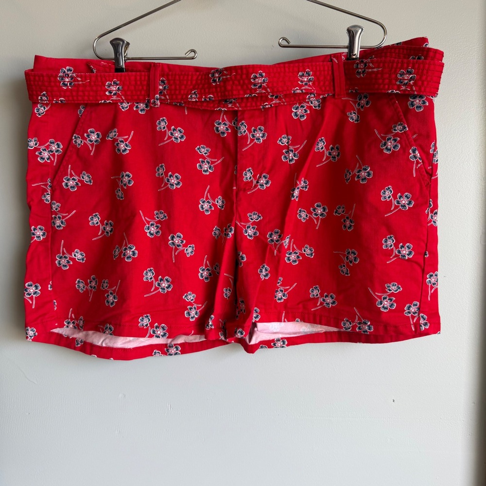 Vintage 90s Liz Claiborne Red Floral Cotton‎ Belted Shorts Size 18 XL
